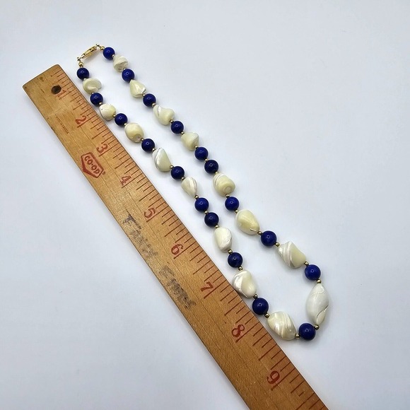 Cobalt Blue and Cream Beaded Necklace Gold‎ Tone Spacers Womens Fashion Jewelry - Picture 8 of 9